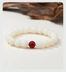 Elegant White Jade Bead Bracelet with Red Agate Accent