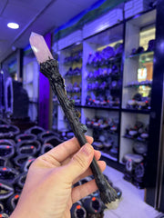 Rose Quartz Crystal Broom Wand with Heart Charm | Chakra Healing Fantasy Decor