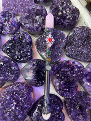 Rose Quartz Crystal Broom Wand with Heart Charm | Chakra Healing Fantasy Decor