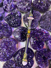Crystal Witch Broom Wand with Caduceus Charm & Gemstones | Magical Bohemian Style