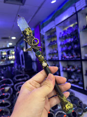 Dragon Crystal Witch Broom Wand with Bronze Accents & Gemstones | Magical Bohemian Style