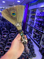 Witch Broom Ornament with Crystal & Peacock Feather | Magical Bohemian Style