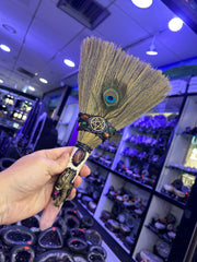 Handmade Witch Broom Ornament with Rose Quartz, Pentacle & Peacock Feather | Magical Bohemian Style