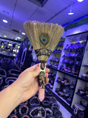 Handmade Witch Broom Ornament with Rose Quartz, Pentacle & Peacock Feather | Magical Bohemian Style