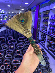 Witch Broom Ornament with Peacock Feather & Crystal Point | Magical Bohemian