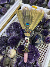 Handcrafted Witch Broom with Rose Quartz Point, Pentacle & Peacock Feather | Magical Bohemian Style
