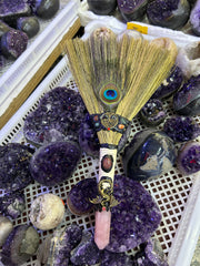 Handcrafted Witch Broom with Rose Quartz Point, Pentacle & Peacock Feather | Magical Bohemian Style