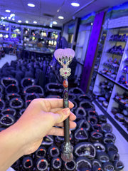 Rose Quartz Heart Witch Broom Wand with Silver Floral Accents & Gemstones | Magical Bohemian Style