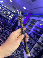 Crystal Broom Wand with Bronze Bat & Gemstone Accents | Magical Bohemian Style