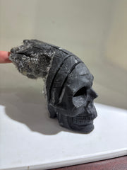 Futuristic Calcite Skull Sculpture with Raw Crystal Geode Natural Stone Art