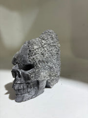 Frosted Crystal Calcite Skull Sculpture with Full Druzy Crystal Crown