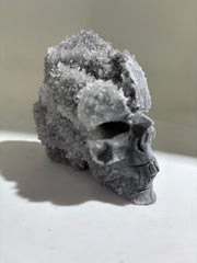 Frosted Crystal Calcite Skull Sculpture with Full Druzy Crystal Crown