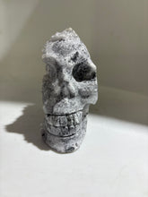 Druzy Crest Calcite Skull Sculpture with Natural Geode Formation