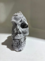 Druzy Crest Calcite Skull Sculpture with Natural Geode Formation