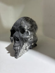 Shadow Frost Calcite Crystal Skull with Raw Druzy Back