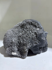 Glacier Night Calcite Skull with Natural Druzy Crystal Crown