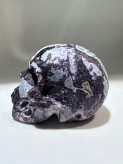 Frosted Twilight Energy Gem Fluorite Skull – Hand-Carved Crystal Skull with Icy Violet Patterns
