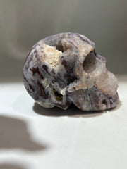 Ethereal Matrix Energy Gem Fluorite Skull – Hand-Carved Crystal Skull with Natural Quartz Veins & Raw Geode Texture