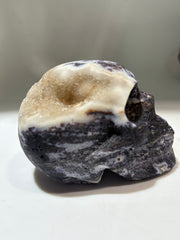 Celestial Amethyst Energy Gem Fluorite Skull – Unique Hand-Carved Crystal Skull with Natural Druzy Crown