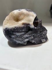 Celestial Amethyst Energy Gem Fluorite Skull – Unique Hand-Carved Crystal Skull with Natural Druzy Crown