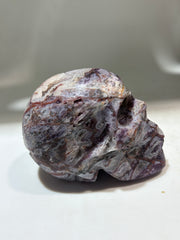 Twilight Vein Energy Gem Fluorite Skull – Hand-Carved Crystal Skull with Raw Violet Striations & Primal Design