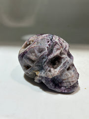 Mystic Shadow Energy Gem Fluorite Skull – Crystal Skull with Smoky Violet Veins & Ancient Totem Design