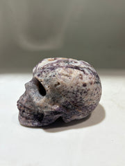 Mystic Shadow Energy Gem Fluorite Skull – Crystal Skull with Smoky Violet Veins & Ancient Totem Design
