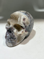 Ethereal Mist Energy Gem Fluorite Skull – Hand-Carved Crystal Skull with Dreamy White and Grey Veins