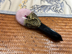 Dragon Guardian Crystal Broom Wand with Rose Quartz & Obsidian | Magical Bohemian Style