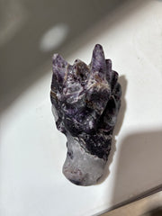 Curious Constellation Sphalerite Dragon Head – Unique Hand-Carved Purple & White Mineral Sculpture