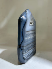 Agate Stripe Tower | Modern Blue Banded Crystal Sculpture | Unique Geometric Décor