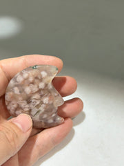 Flower Agate Crescent Moon Face – Unique Crystal Moon Sculpture for Healing & Decor