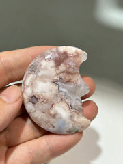 Pink Flower Agate Crescent Moon Face – Unique Celestial Crystal Art for Mindful Spaces