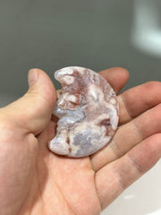 Pink Flower Agate Crescent Moon Face – Unique Celestial Crystal Art for Mindful Spaces