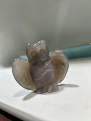 Agate Owl Sculpture – Unique Crystal Figurine with Spread Wings for Mystical Home Décor