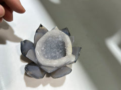 Agate Lotus Flower with Large Open Druzy Center – Unique Crystal Lotus Sculpture for Mindful Home Décor