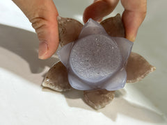 Agate Lotus Flower with Smoky Druzy Center – Artisan Crystal Lotus Sculpture for Elegant Home Décor