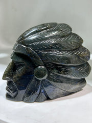 Labradorite Tribal Chief Bust – Artisan Crystal Sculpture with Feather Headdress | Unique Gemstone Home Decor