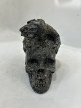 Handcrafted Flame Stone Skull with Dragon Sculpture - Unique Gothic Artwork