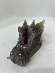 Handcrafted Agate Dragon Head Sculpture  Open Crystal Geode