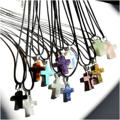 Natural Stone Cross Pendant Necklace – 12 Unique Gemstone Colors