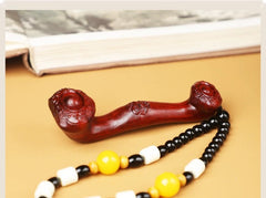 Handcrafted Sandalwood Ruyi Scepter Pendant with Beaded Chain