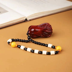 Hand-Carved Sandalwood Cabbage Pendant with Beaded Chain – Symbol of Prosperity and Purity
