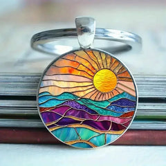  Sunrise Alloy Keychain – Colorful Mountain Landscape Pendant