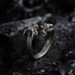 Double Dragon Head Alloy Ring – Adjustable Mythical Jewelry