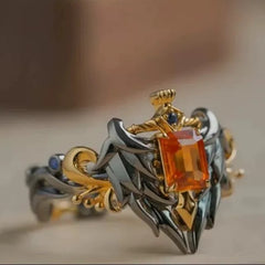 Knight’s Sword & Wings Alloy Ring with Fanta Stone – Medieval Fantasy Statement Jewelry
