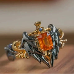Knight’s Sword & Wings Alloy Ring with Fanta Stone – Medieval Fantasy Statement Jewelry
