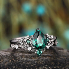 Vintage Emerald Green Zirconia Ring Set – Alloy Floral Design Statement Jewelry