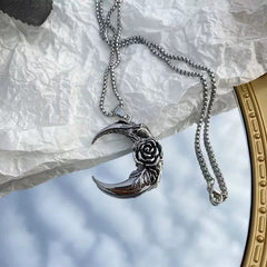 Crescent Moon Pendant Necklace with Black Rose