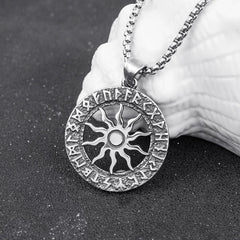 Viking Sun Wheel Rune Pendant Necklace – Norse Amulet with Ancient Runes